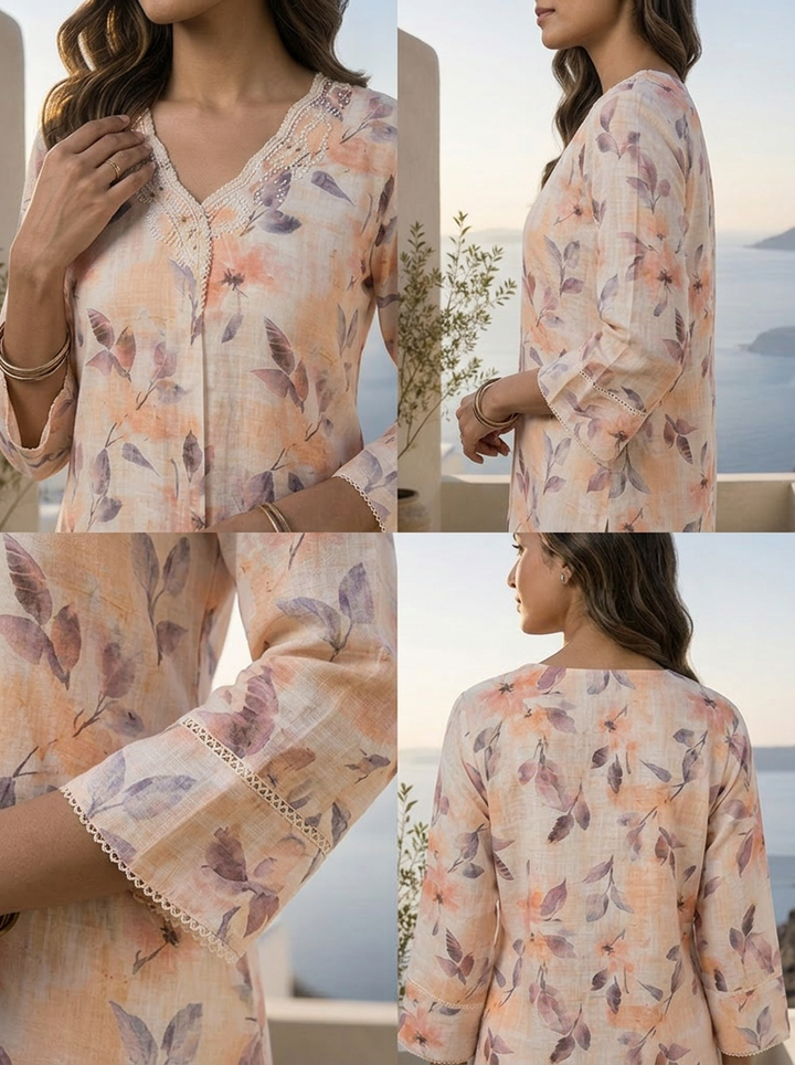 Peach And Cream Heavy Floral Printed Linen Kurta