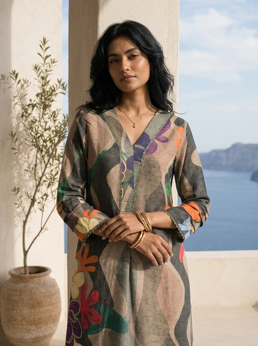Multi Abstract And Floral Printed Rayon Kurta