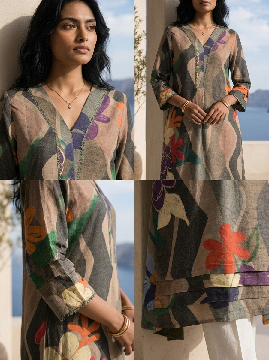 Multi Abstract And Floral Printed Rayon Kurta
