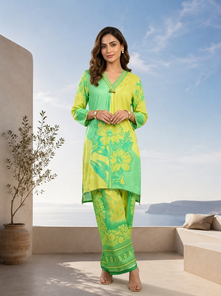 Lime Green Beads Embroidered And Floral Printed Crepe Two Piece Set
