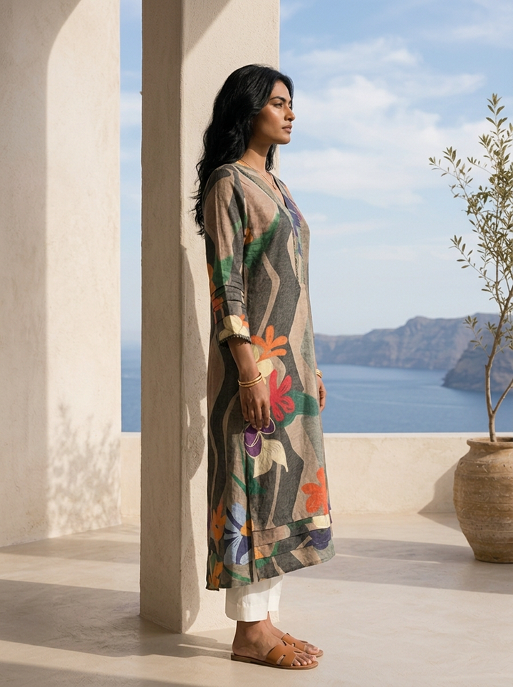 Multi Abstract And Floral Printed Rayon Kurta