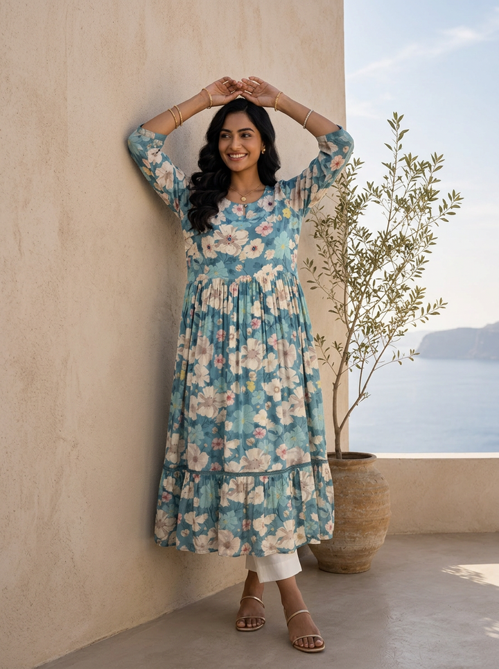 Blue Heavy Floral Printed And Sequins Embroidered Crepe Long Dress