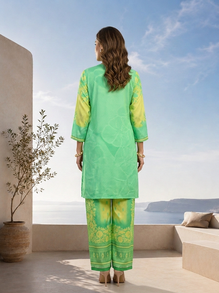 Lime Green Beads Embroidered And Floral Printed Crepe Two Piece Set