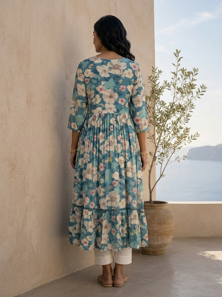 Blue Heavy Floral Printed And Sequins Embroidered Crepe Long Dress