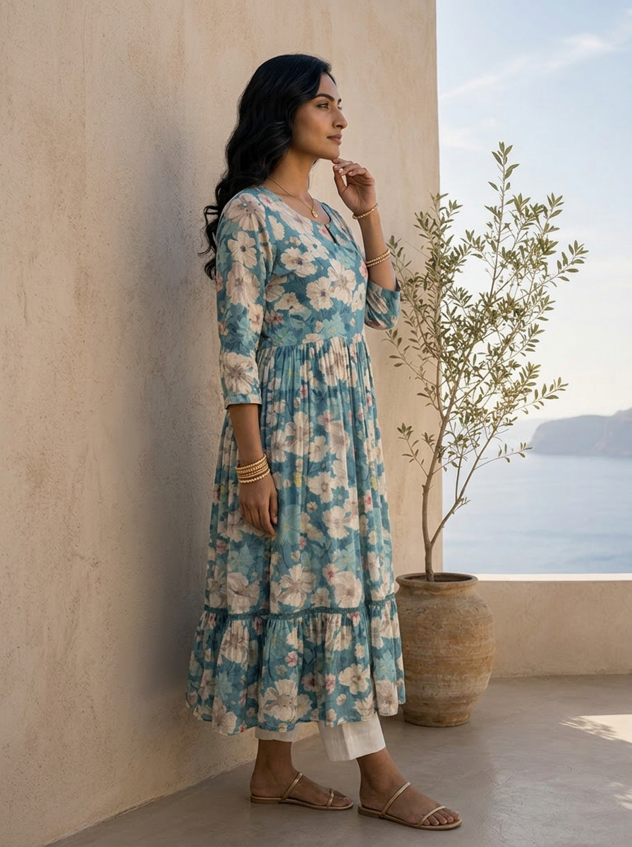 Blue Heavy Floral Printed And Sequins Embroidered Crepe Long Dress