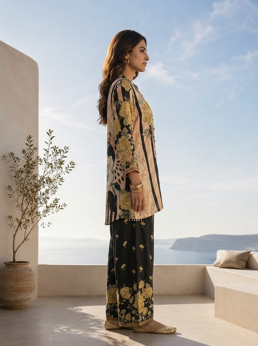 Black And Beige Heavy Floral Printed Two Piece Set