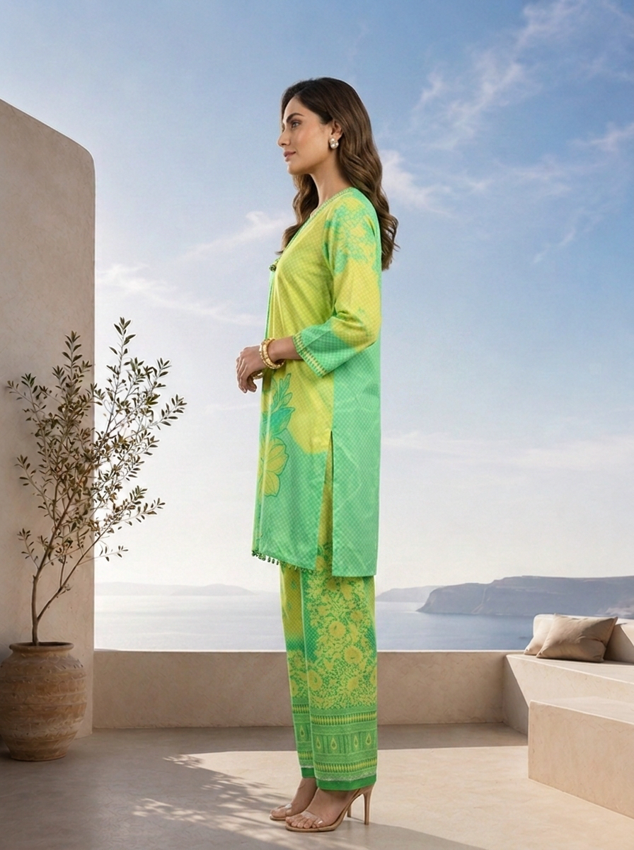 Lime Green Beads Embroidered And Floral Printed Crepe Two Piece Set