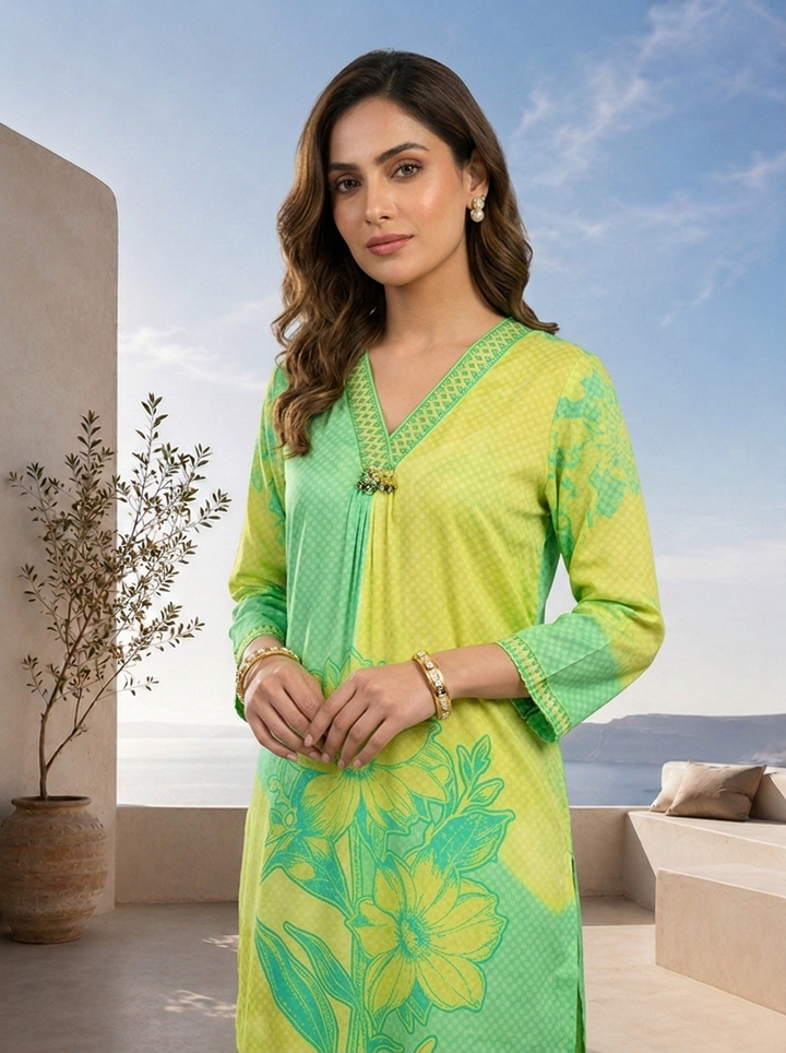 Lime Green Beads Embroidered And Floral Printed Crepe Two Piece Set