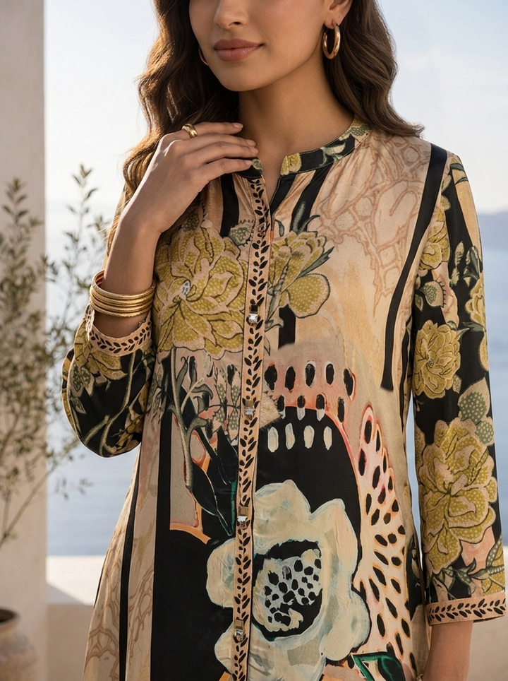 Black And Beige Heavy Floral Printed Two Piece Set