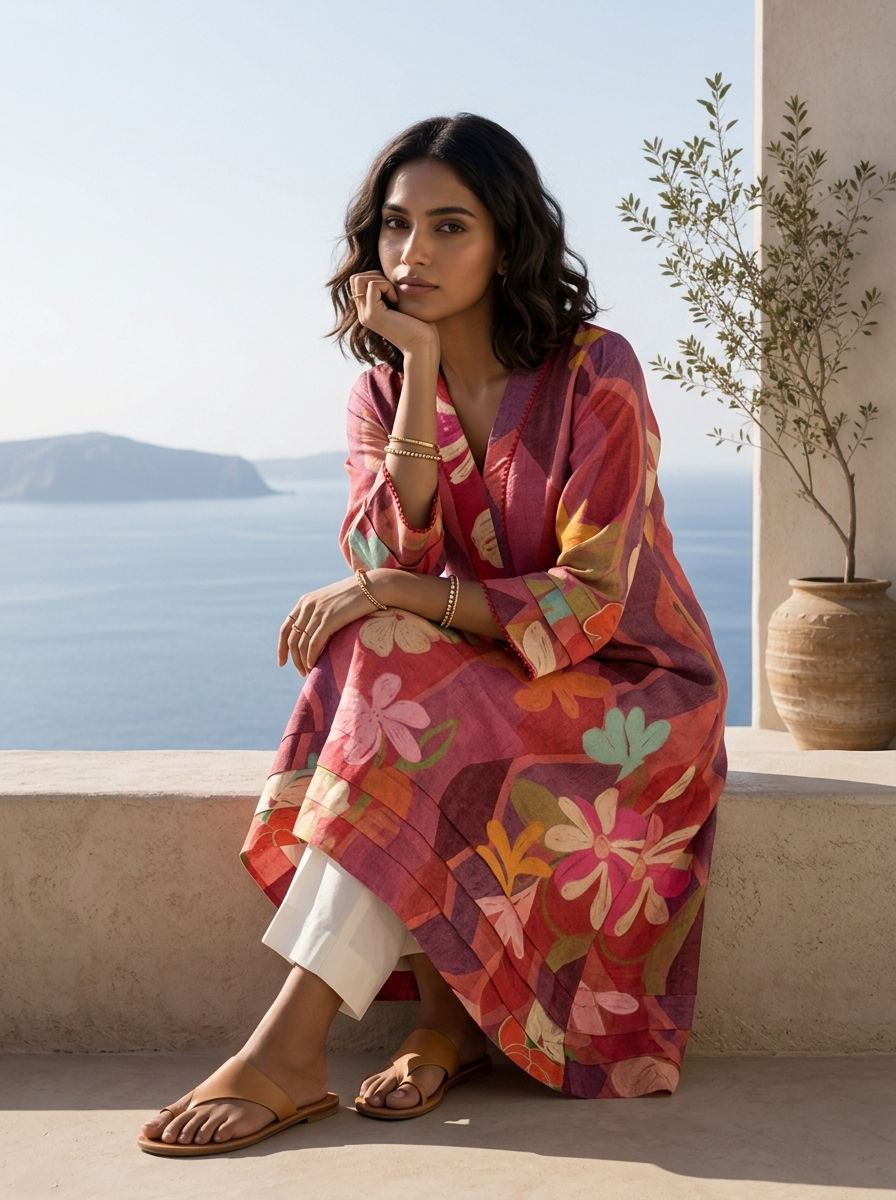 Onion And Red Abstract And Floral Printed Rayon Kurta