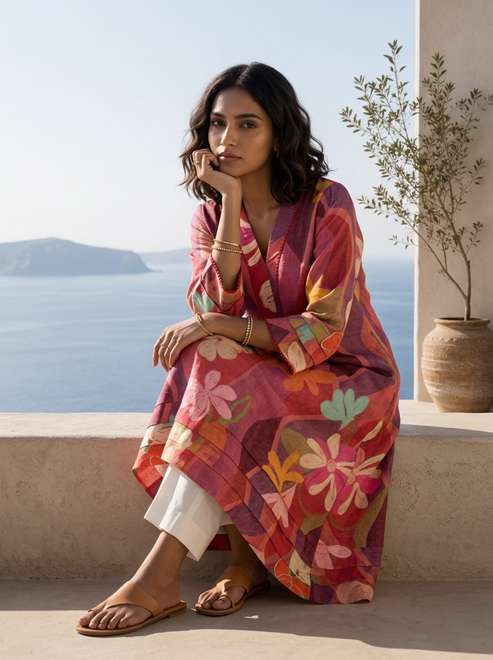 Onion And Red Abstract And Floral Printed Rayon Kurta