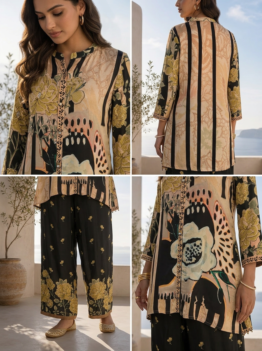 Black And Beige Heavy Floral Printed Two Piece Set