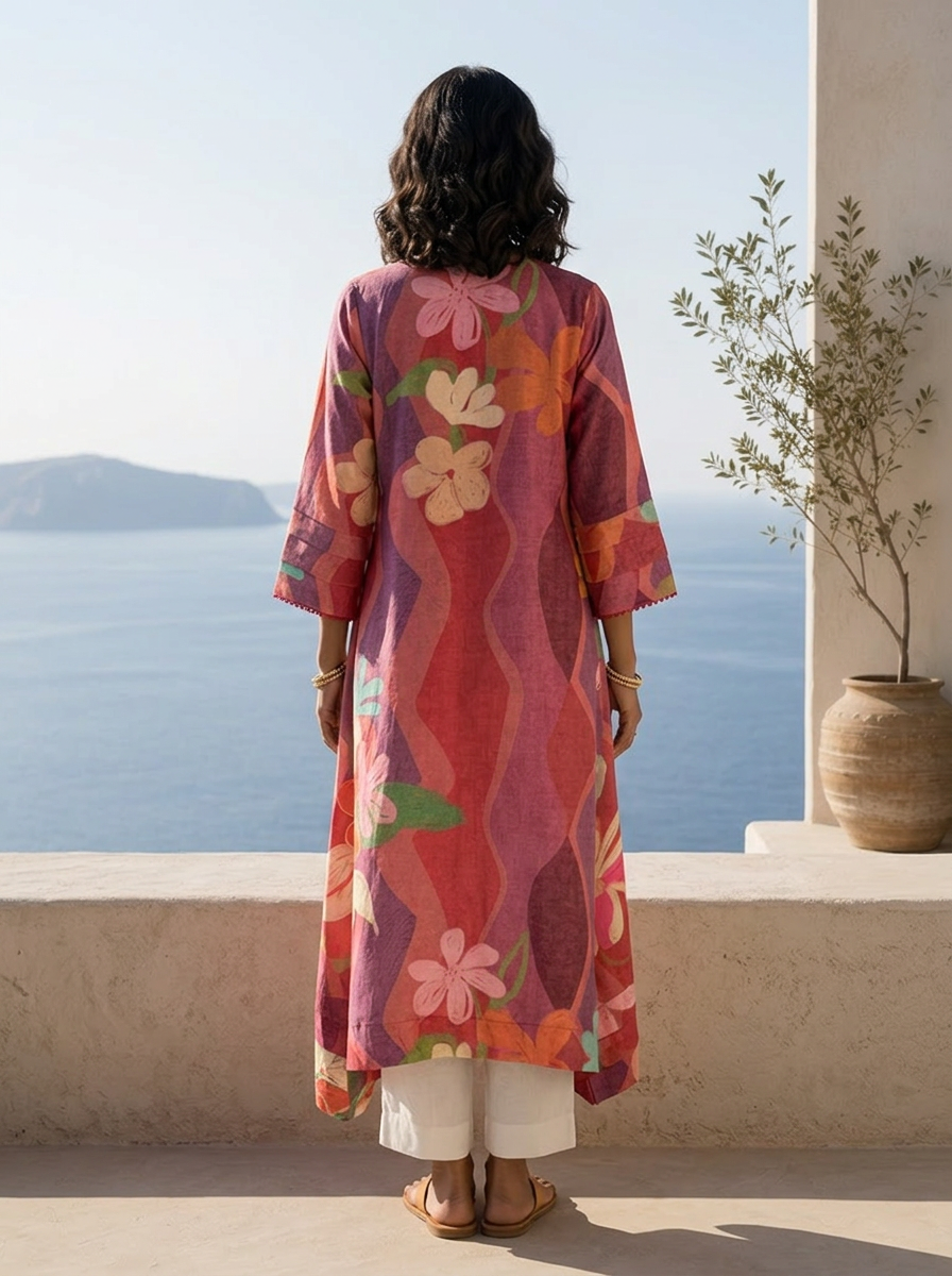 Onion And Red Abstract And Floral Printed Rayon Kurta