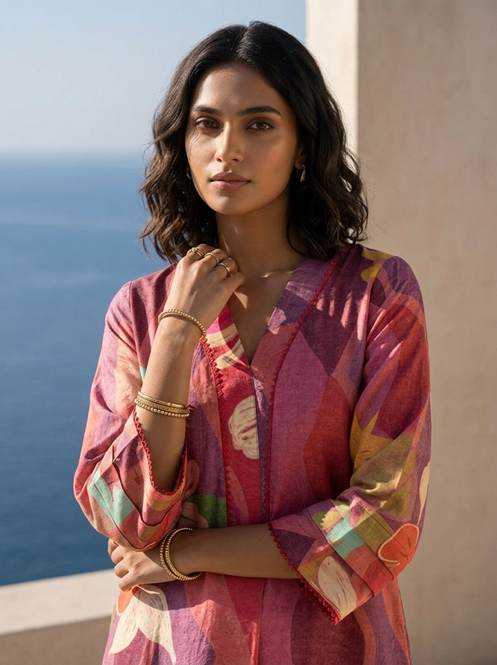 Onion And Red Abstract And Floral Printed Rayon Kurta