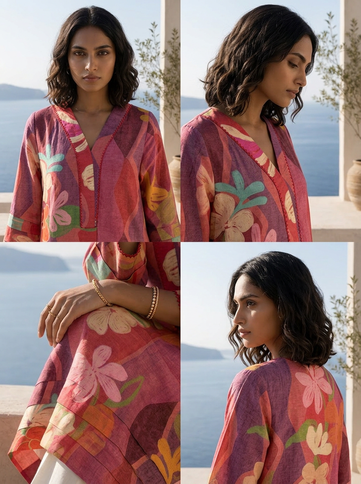 Onion And Red Abstract And Floral Printed Rayon Kurta