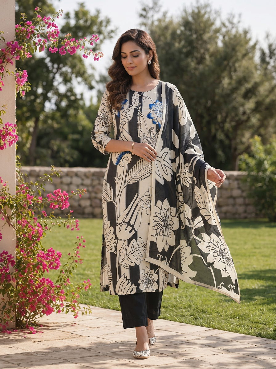 Black Floral Printed And Beads Embroidered Linen Three Piece Set