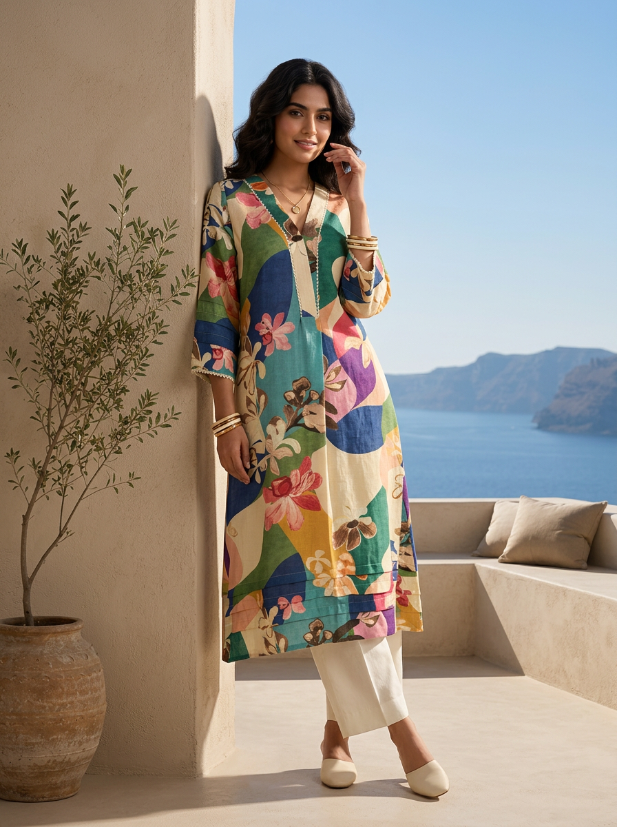 Multi Color Floral Printed And Patch Embroidered Kurta
