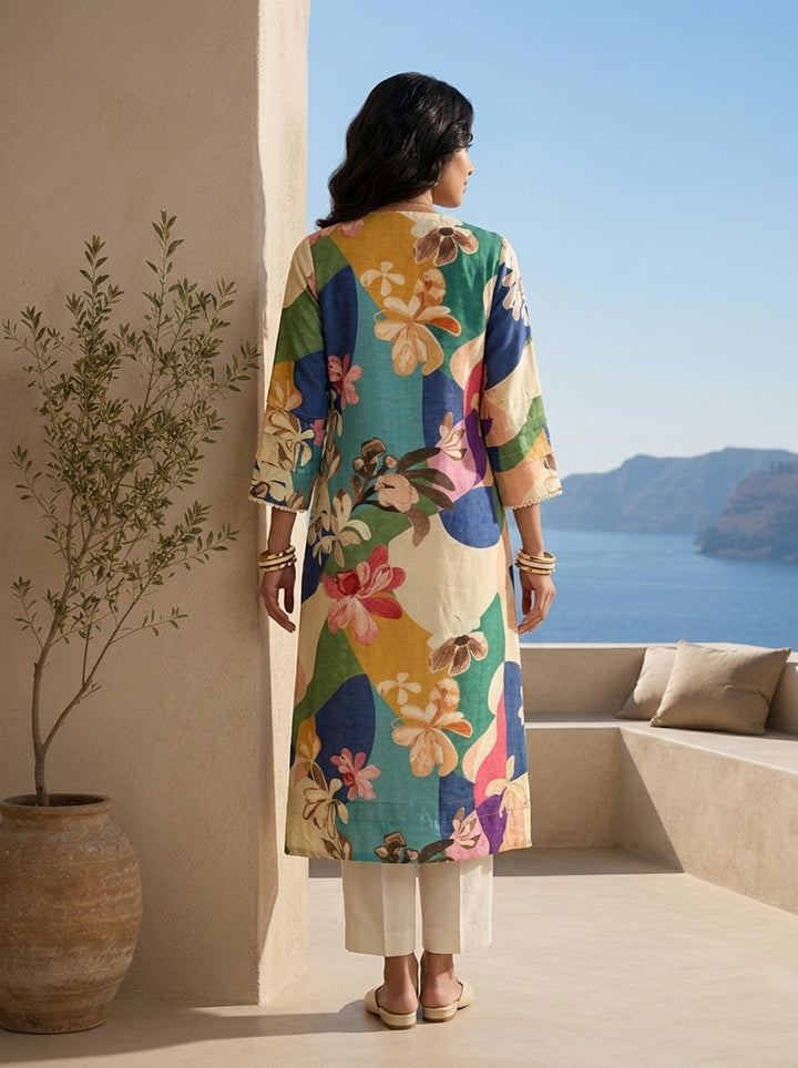 Multi Color Floral Printed And Patch Embroidered Kurta