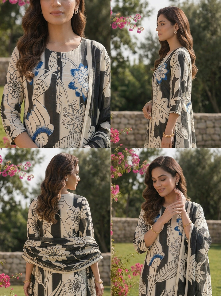 Black Floral Printed And Beads Embroidered Linen Three Piece Set