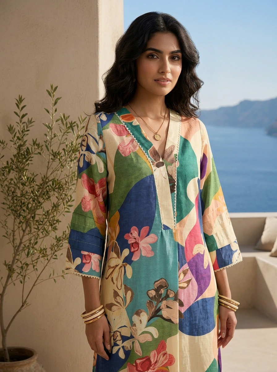 Multi Color Floral Printed And Patch Embroidered Kurta