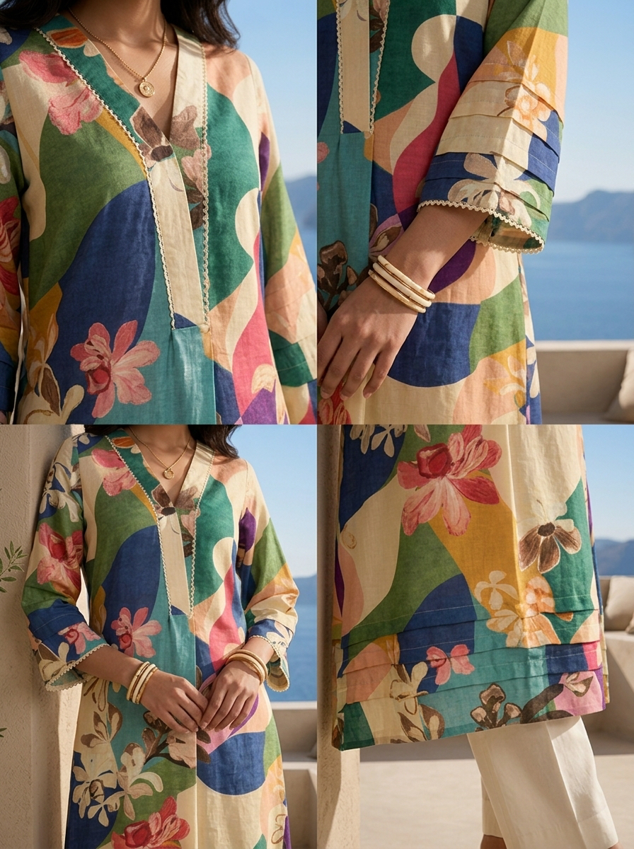 Multi Color Floral Printed And Patch Embroidered Kurta