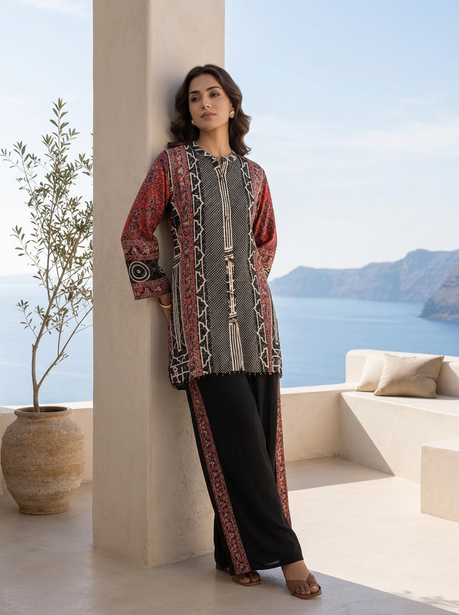 Black And Red Ajrakh Printed Crepe Two Piece Set