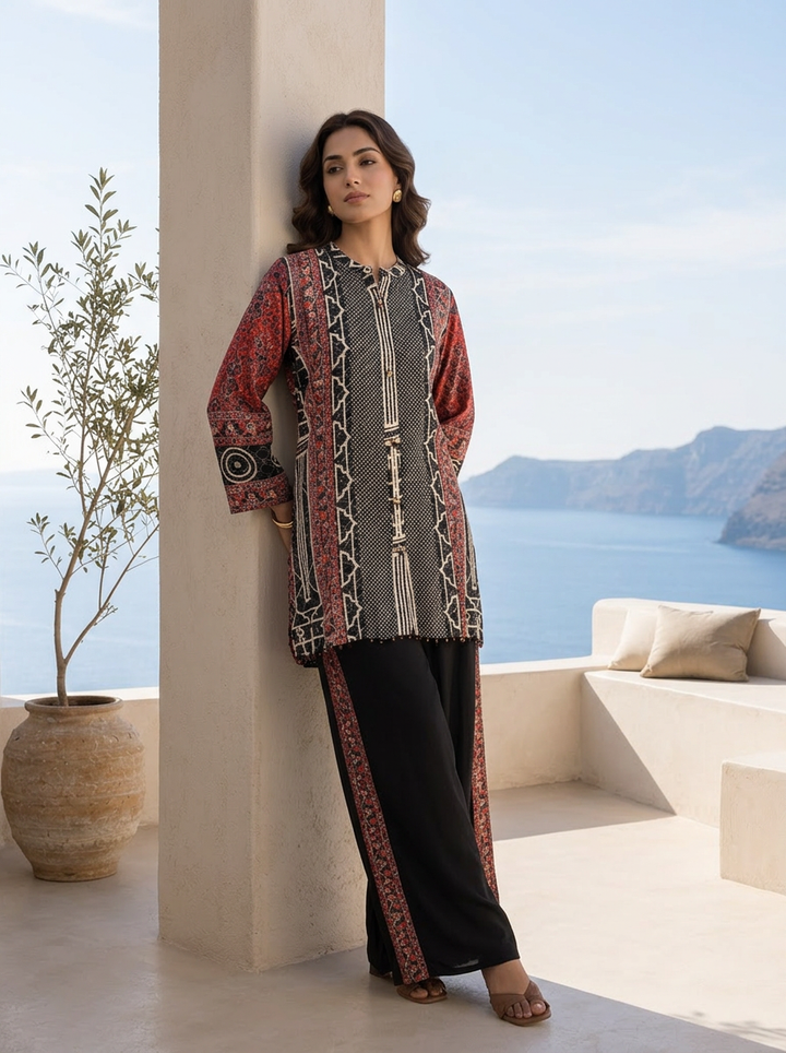 Black And Red Ajrakh Printed Crepe Two Piece Set