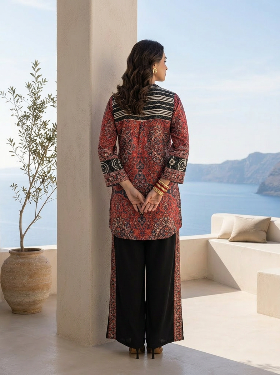Black And Red Ajrakh Printed Crepe Two Piece Set