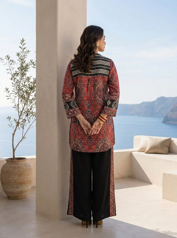 Black And Red Ajrakh Printed Crepe Two Piece Set