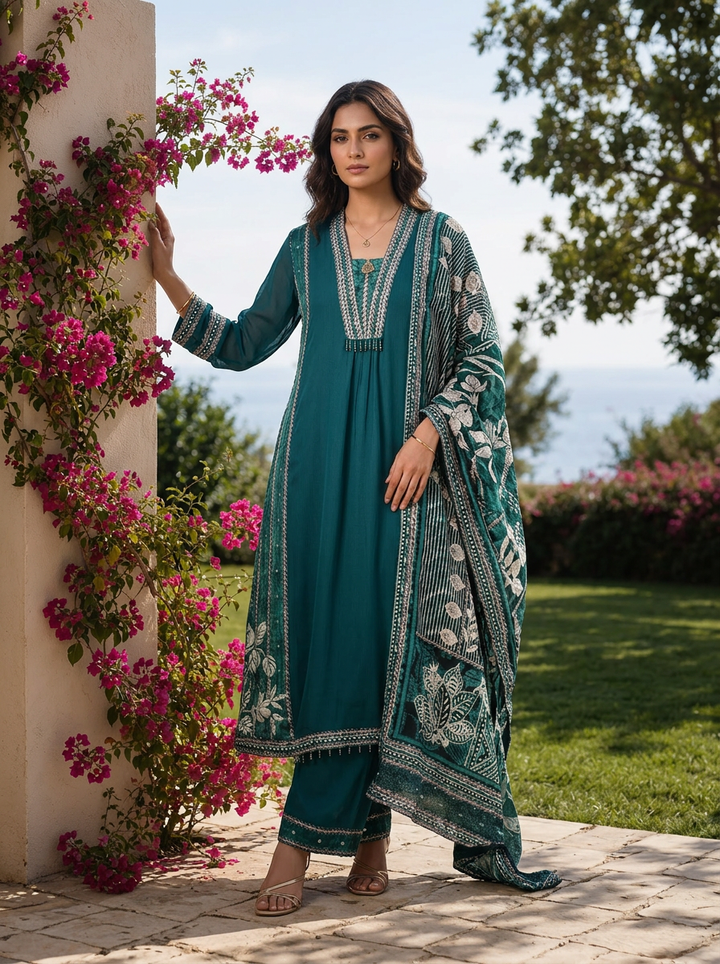 Rama Solid Design Georgette Three Piece Set With Striped Design Dupatta