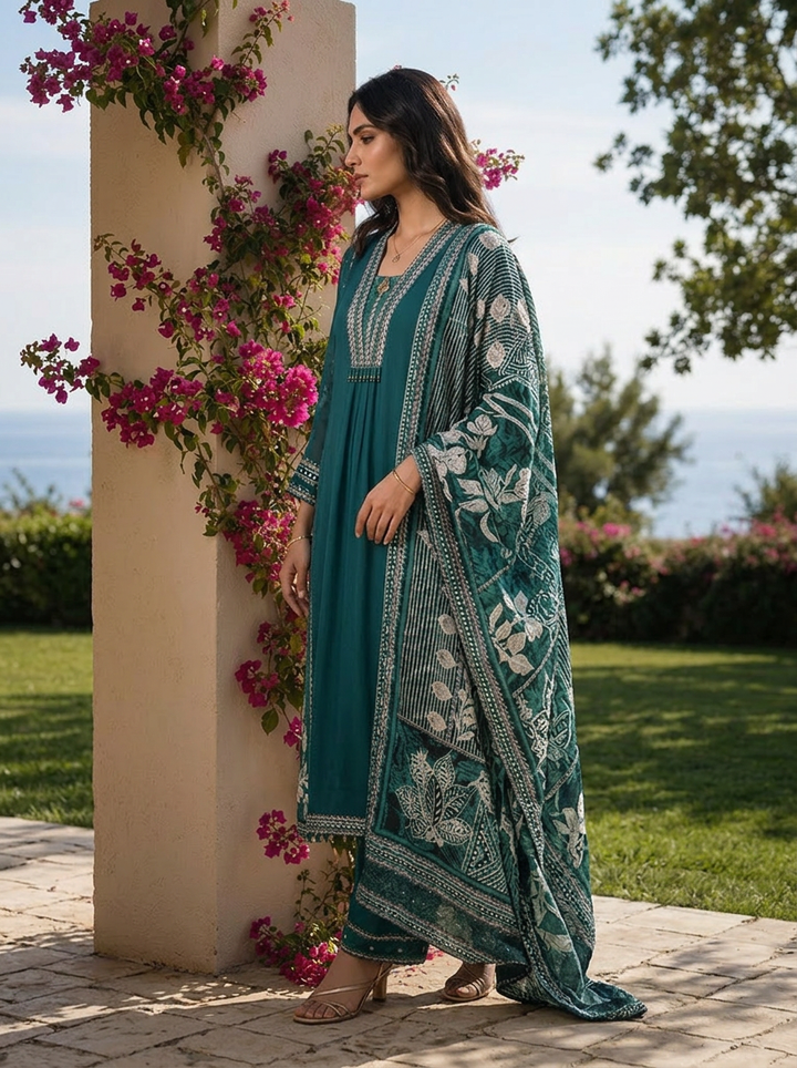 Rama Solid Design Georgette Three Piece Set With Striped Design Dupatta