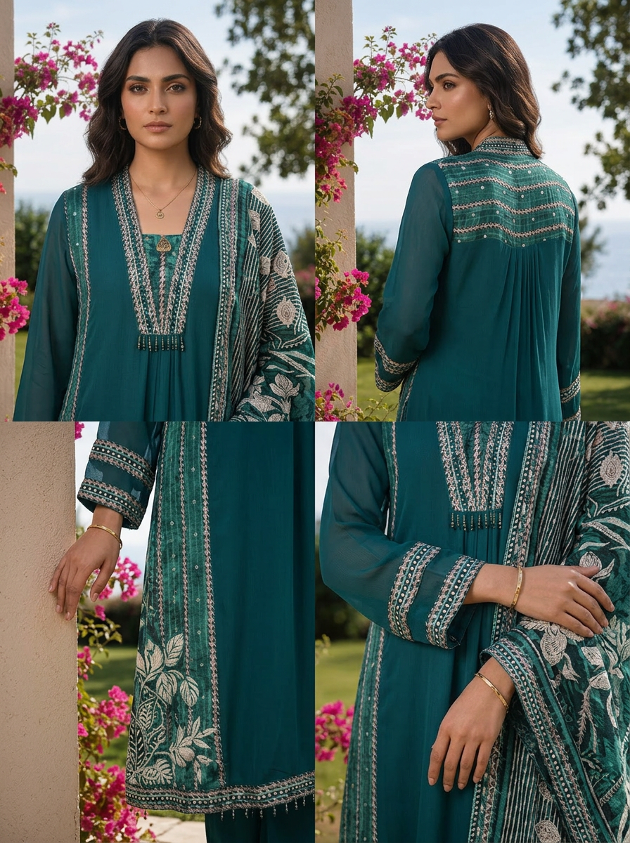 Rama Solid Design Georgette Three Piece Set With Striped Design Dupatta