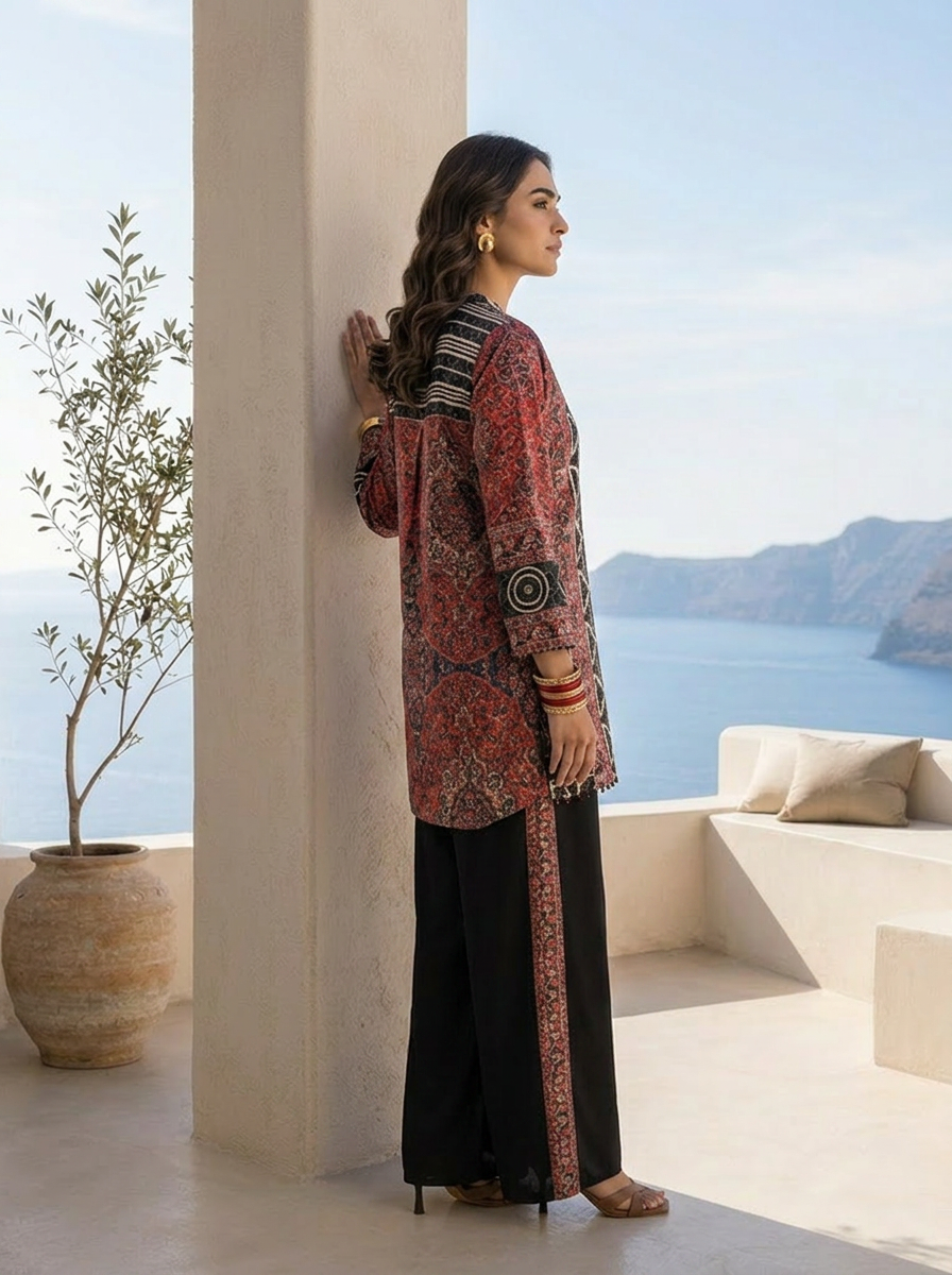 Black And Red Ajrakh Printed Crepe Two Piece Set