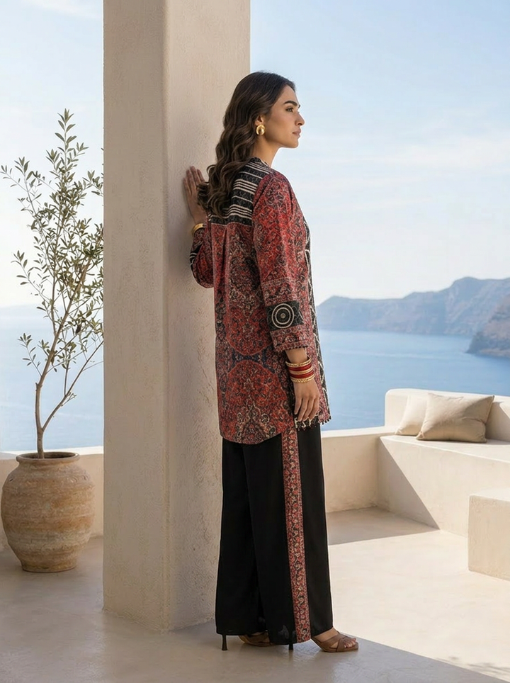 Black And Red Ajrakh Printed Crepe Two Piece Set
