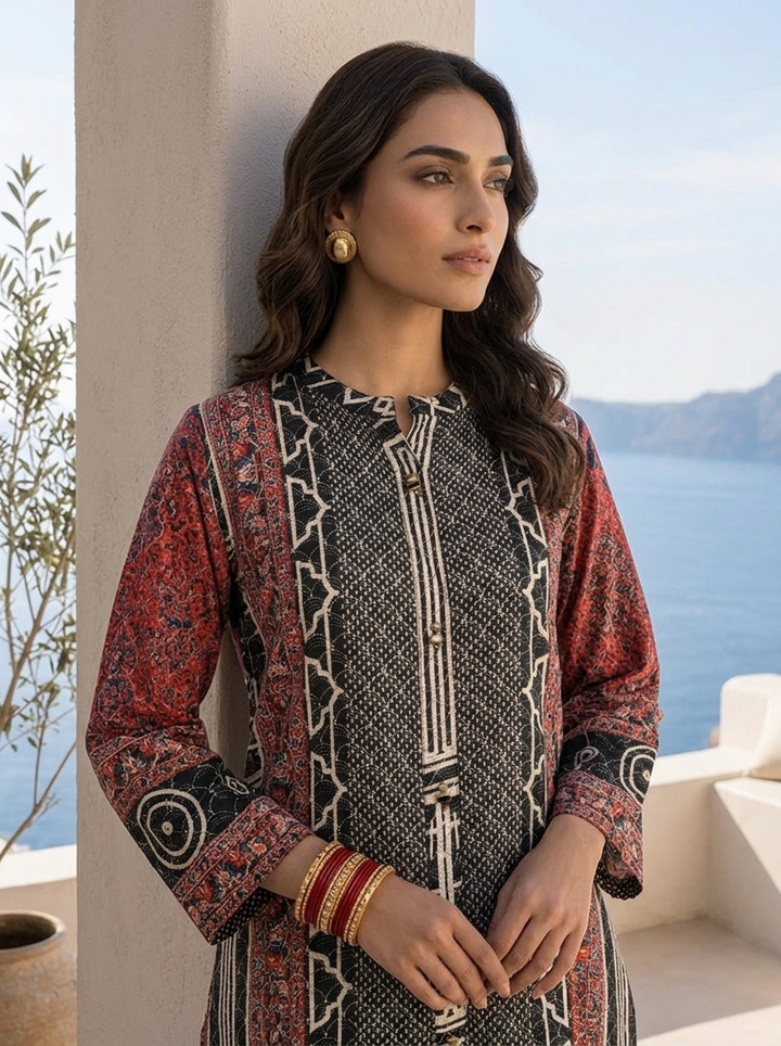 Black And Red Ajrakh Printed Crepe Two Piece Set
