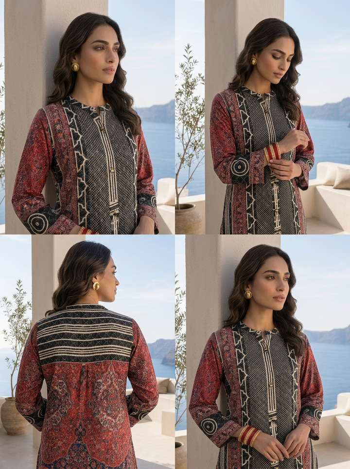 Black And Red Ajrakh Printed Crepe Two Piece Set