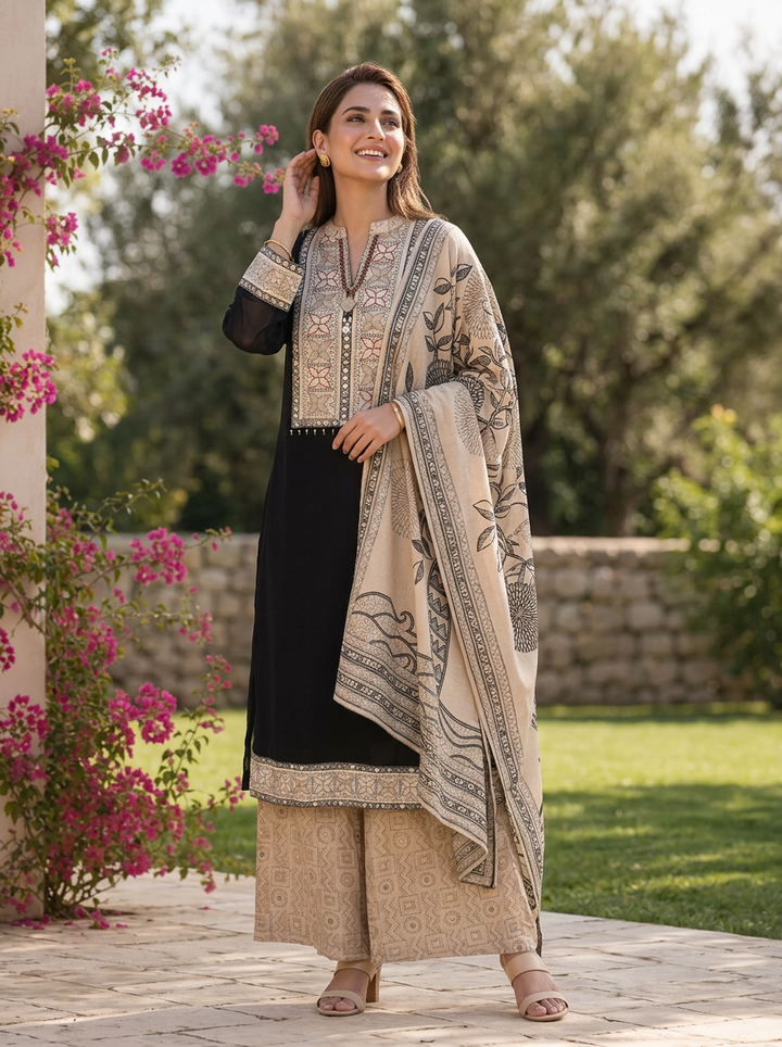 Black Georgette Patch Embroidered Three Piece Set With Printed Dupatta
