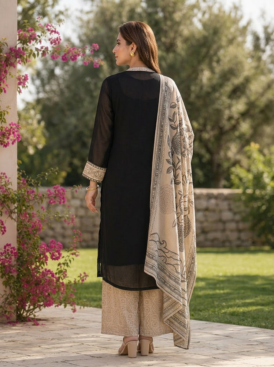 Black Georgette Patch Embroidered Three Piece Set With Printed Dupatta