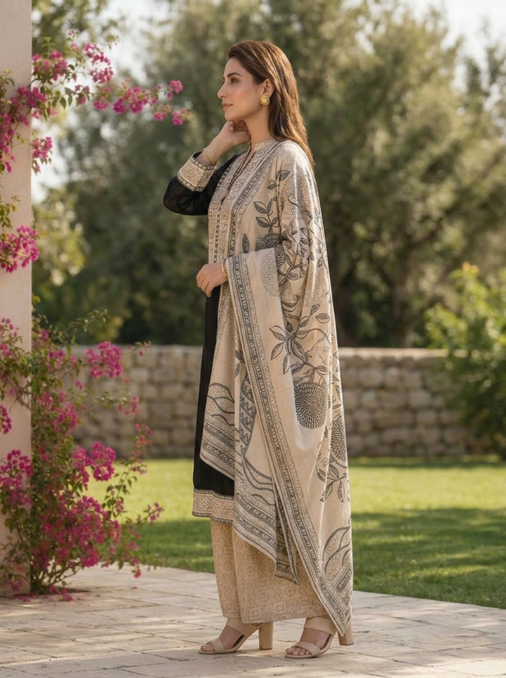 Black Georgette Patch Embroidered Three Piece Set With Printed Dupatta