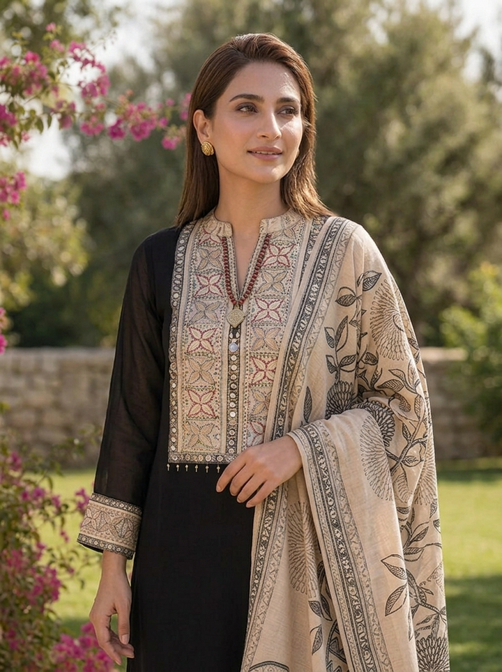 Black Georgette Patch Embroidered Three Piece Set With Printed Dupatta