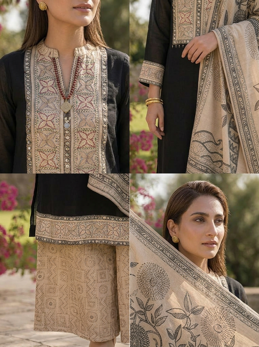Black Georgette Patch Embroidered Three Piece Set With Printed Dupatta