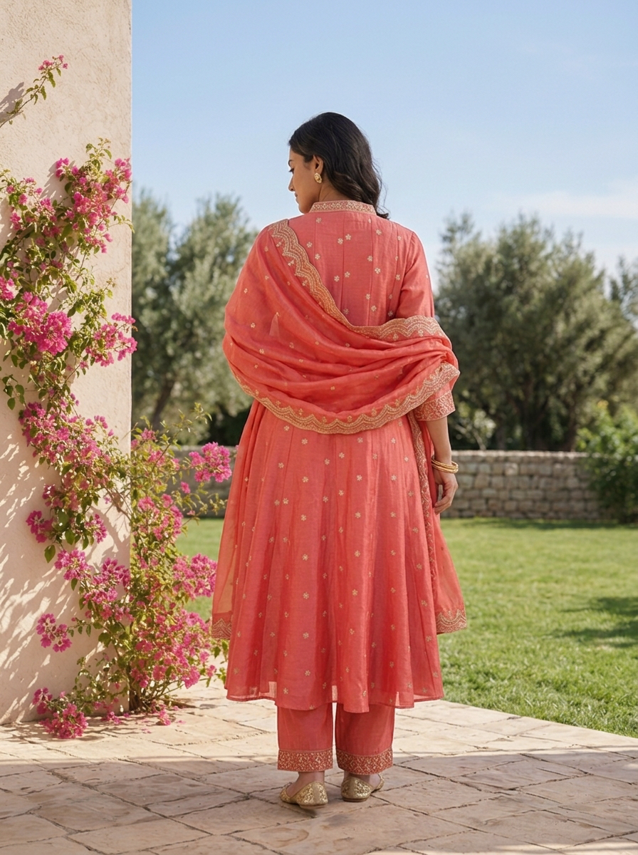 Peach Tissue Floral Zari Embroidered Three Piece Set