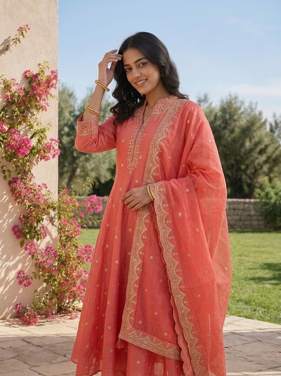 Peach Tissue Floral Zari Embroidered Three Piece Set