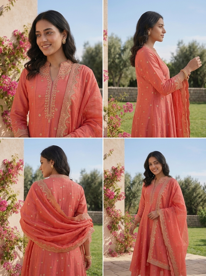 Peach Tissue Floral Zari Embroidered Three Piece Set