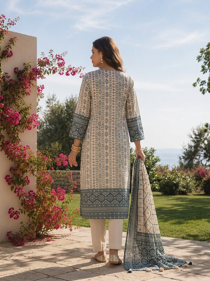 Cream And Indigo Crepe Striped Design And Printed Three Piece Set