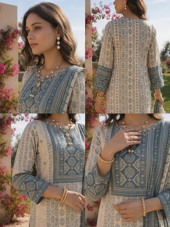 Cream And Indigo Crepe Striped Design And Printed Three Piece Set