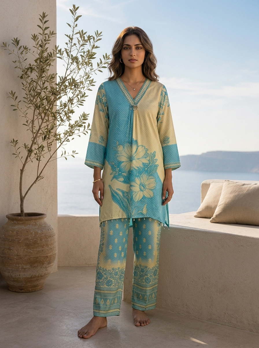 Cream And Sky Blue Beads Embroidered And Floral Printed Crepe Two Piece Set
