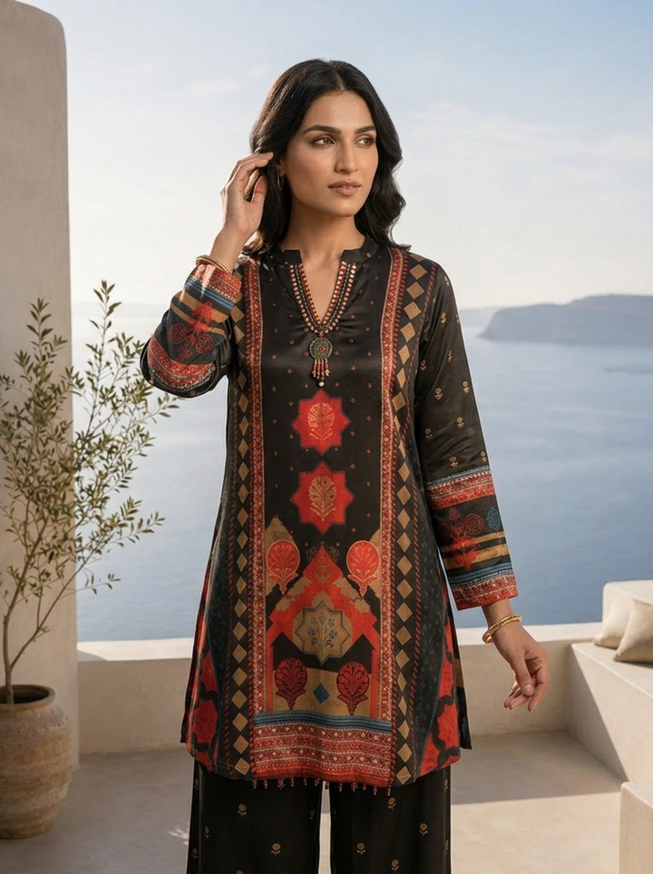 Black Crepe Solid And Floral Design Crepe Two Piece Set