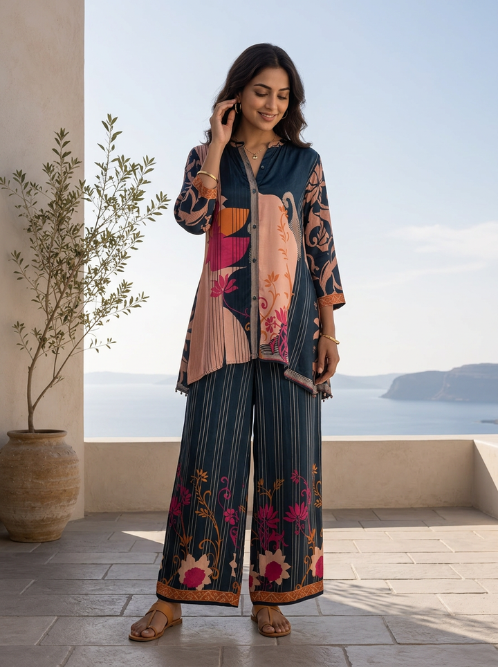 Navy Blue Ethnic Printed Crepe Two Piece Set
