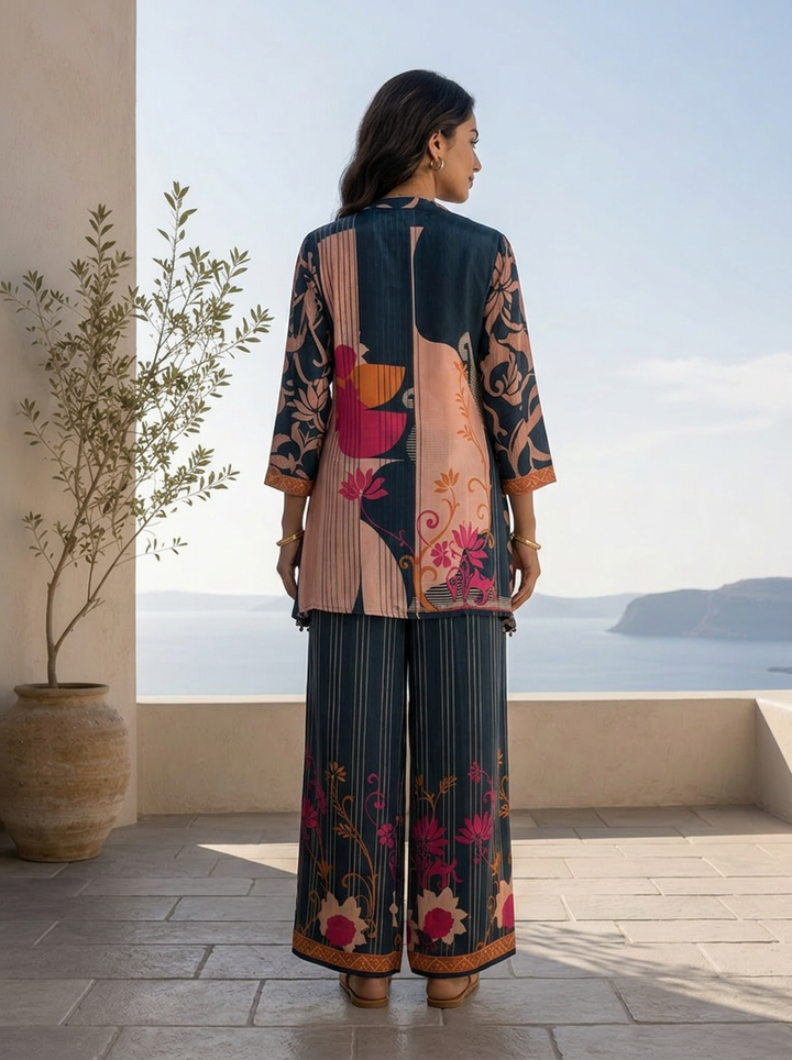 Navy Blue Ethnic Printed Crepe Two Piece Set